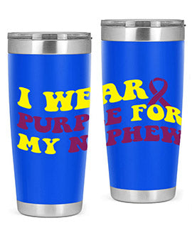Alzheimer's Awareness Tumbler in 20oz and 30oz sizes, showcasing double wall vacuum stainless steel design with a drink-thru lid.