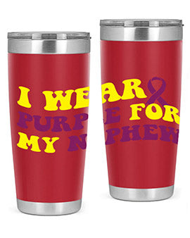 Alzheimer's Awareness Tumbler in 20oz and 30oz sizes, showcasing double wall vacuum stainless steel design with a drink-thru lid.
