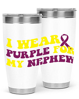 Alzheimer's Awareness Tumbler in 20oz and 30oz sizes, showcasing double wall vacuum stainless steel design with a drink-thru lid.
