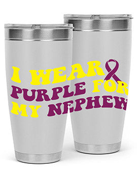 Alzheimer's Awareness Tumbler in 20oz and 30oz sizes, showcasing double wall vacuum stainless steel design with a drink-thru lid.