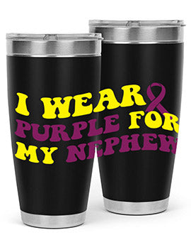 Alzheimer's Awareness Tumbler in 20oz and 30oz sizes, showcasing double wall vacuum stainless steel design with a drink-thru lid.