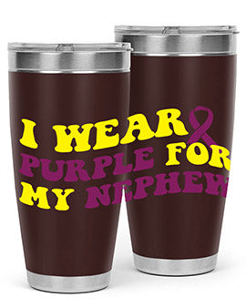 Alzheimer's Awareness Tumbler in 20oz and 30oz sizes, showcasing double wall vacuum stainless steel design with a drink-thru lid.
