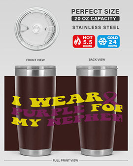 Alzheimer's Awareness Tumbler in 20oz and 30oz sizes, showcasing double wall vacuum stainless steel design with a drink-thru lid.