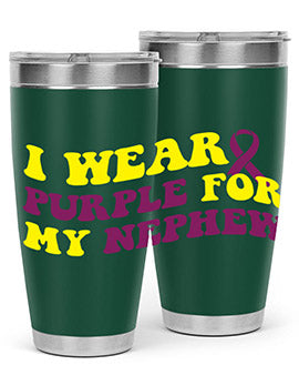 Alzheimer's Awareness Tumbler in 20oz and 30oz sizes, showcasing double wall vacuum stainless steel design with a drink-thru lid.