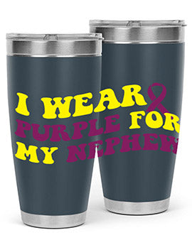 Alzheimer's Awareness Tumbler in 20oz and 30oz sizes, showcasing double wall vacuum stainless steel design with a drink-thru lid.
