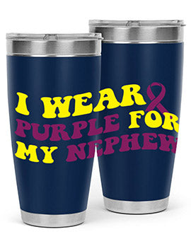Alzheimer's Awareness Tumbler in 20oz and 30oz sizes, showcasing double wall vacuum stainless steel design with a drink-thru lid.