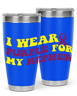 Alzheimer's Awareness Tumbler in 20oz and 30oz sizes, showcasing double wall vacuum stainless steel design with a drink-thru lid.