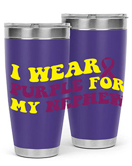 Alzheimer's Awareness Tumbler in 20oz and 30oz sizes, showcasing double wall vacuum stainless steel design with a drink-thru lid.