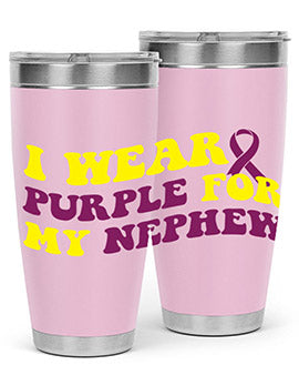 Alzheimer's Awareness Tumbler in 20oz and 30oz sizes, showcasing double wall vacuum stainless steel design with a drink-thru lid.