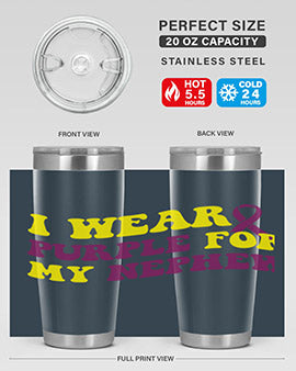 Alzheimer's Awareness Tumbler in 20oz and 30oz sizes, showcasing double wall vacuum stainless steel design with a drink-thru lid.