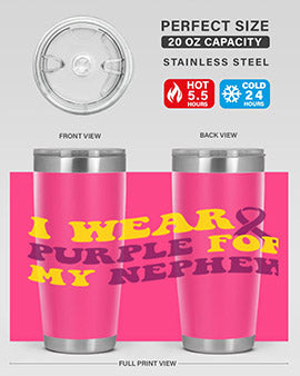 Alzheimer's Awareness Tumbler in 20oz and 30oz sizes, showcasing double wall vacuum stainless steel design with a drink-thru lid.