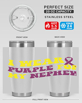 Alzheimer's Awareness Tumbler in 20oz and 30oz sizes, showcasing double wall vacuum stainless steel design with a drink-thru lid.