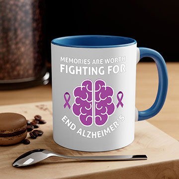 Alzheimer's Awareness Mug featuring a glossy finish, colorful handle, and interior, available in multiple sizes and colors.