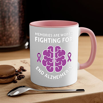 Alzheimer's Awareness Mug featuring a glossy finish, colorful handle, and interior, available in multiple sizes and colors.