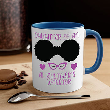 Alzheimer's awareness mug with two-tone design, colored handle, and glossy finish, available in multiple colors and sizes.