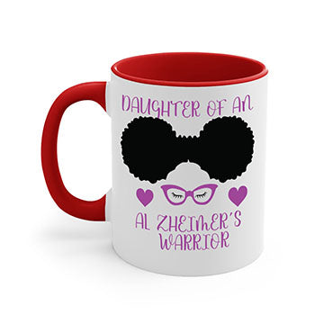 Alzheimer's awareness mug with two-tone design, colored handle, and glossy finish, available in multiple colors and sizes.