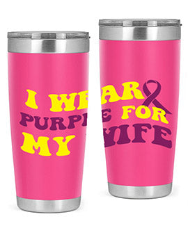 Alzheimer's Awareness Tumbler in 20oz and 30oz sizes, showcasing a sleek stainless steel design with a drink-thru lid.