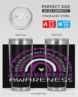 Alzheimer's Awareness Tumbler in 20oz and 30oz sizes, showcasing double wall stainless steel design with a drink-thru lid.
