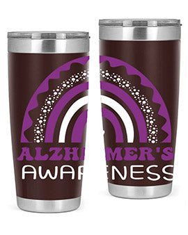 Alzheimer's Awareness Tumbler in 20oz and 30oz sizes, showcasing double wall stainless steel design with a drink-thru lid.