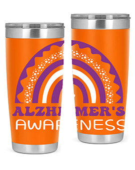 Alzheimer's Awareness Tumbler in 20oz and 30oz sizes, showcasing double wall stainless steel design with a drink-thru lid.
