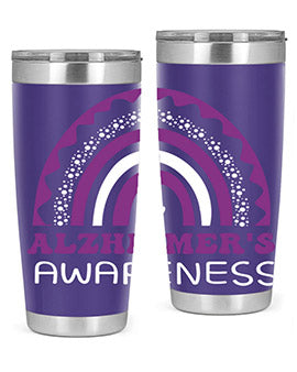 Alzheimer's Awareness Tumbler in 20oz and 30oz sizes, showcasing double wall stainless steel design with a drink-thru lid.