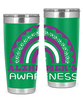 Alzheimer's Awareness Tumbler in 20oz and 30oz sizes, showcasing double wall stainless steel design with a drink-thru lid.