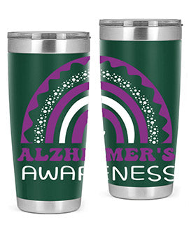 Alzheimer's Awareness Tumbler in 20oz and 30oz sizes, showcasing double wall stainless steel design with a drink-thru lid.