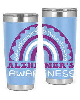 Alzheimer's Awareness Tumbler in 20oz and 30oz sizes, showcasing double wall stainless steel design with a drink-thru lid.