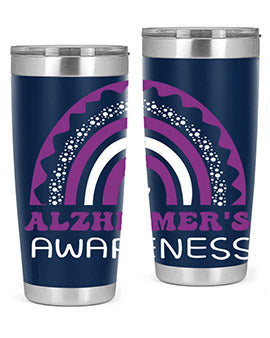 Alzheimer's Awareness Tumbler in 20oz and 30oz sizes, showcasing double wall stainless steel design with a drink-thru lid.