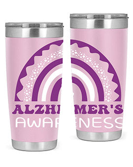 Alzheimer's Awareness Tumbler in 20oz and 30oz sizes, showcasing double wall stainless steel design with a drink-thru lid.