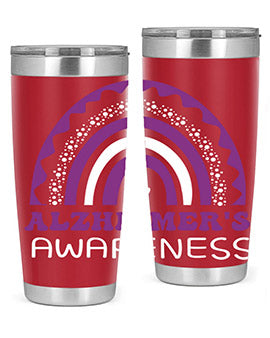 Alzheimer's Awareness Tumbler in 20oz and 30oz sizes, showcasing double wall stainless steel design with a drink-thru lid.