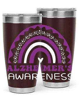 Alzheimer's Awareness Tumbler in 20oz and 30oz sizes, showcasing double wall stainless steel design with a drink-thru lid.