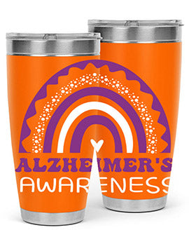 Alzheimer's Awareness Tumbler in 20oz and 30oz sizes, showcasing double wall stainless steel design with a drink-thru lid.