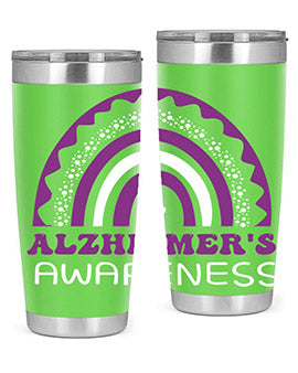 Alzheimer's Awareness Tumbler in 20oz and 30oz sizes, showcasing double wall stainless steel design with a drink-thru lid.