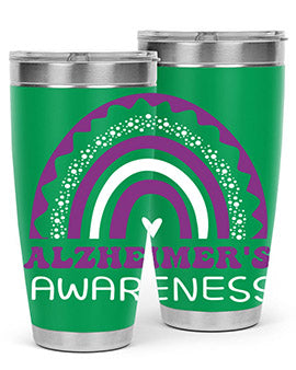 Alzheimer's Awareness Tumbler in 20oz and 30oz sizes, showcasing double wall stainless steel design with a drink-thru lid.