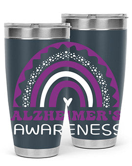 Alzheimer's Awareness Tumbler in 20oz and 30oz sizes, showcasing double wall stainless steel design with a drink-thru lid.