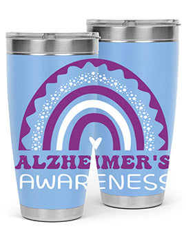 Alzheimer's Awareness Tumbler in 20oz and 30oz sizes, showcasing double wall stainless steel design with a drink-thru lid.