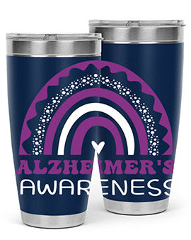 Alzheimer's Awareness Tumbler in 20oz and 30oz sizes, showcasing double wall stainless steel design with a drink-thru lid.