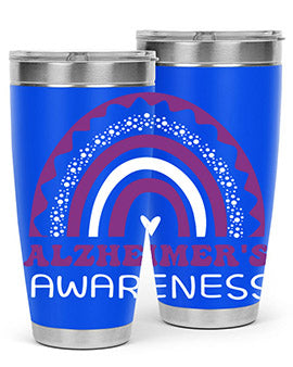 Alzheimer's Awareness Tumbler in 20oz and 30oz sizes, showcasing double wall stainless steel design with a drink-thru lid.