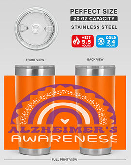 Alzheimer's Awareness Tumbler in 20oz and 30oz sizes, showcasing double wall stainless steel design with a drink-thru lid.