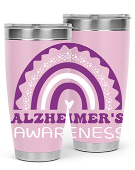 Alzheimer's Awareness Tumbler in 20oz and 30oz sizes, showcasing double wall stainless steel design with a drink-thru lid.