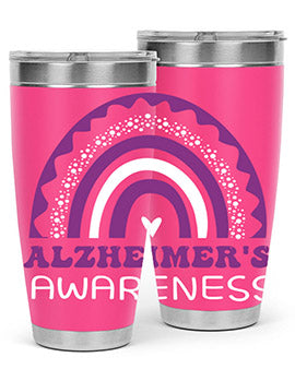 Alzheimer's Awareness Tumbler in 20oz and 30oz sizes, showcasing double wall stainless steel design with a drink-thru lid.