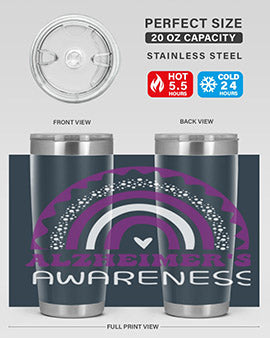 Alzheimer's Awareness Tumbler in 20oz and 30oz sizes, showcasing double wall stainless steel design with a drink-thru lid.