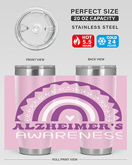 Alzheimer's Awareness Tumbler in 20oz and 30oz sizes, showcasing double wall stainless steel design with a drink-thru lid.