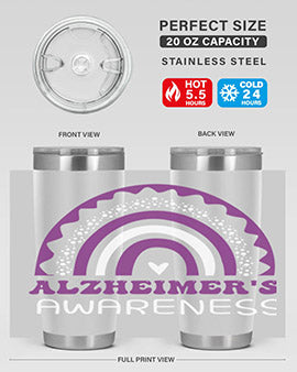 Alzheimer's Awareness Tumbler in 20oz and 30oz sizes, showcasing double wall stainless steel design with a drink-thru lid.