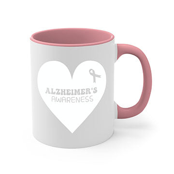 Alzheimer's awareness mug featuring a two-tone design with a colored handle and interior, available in multiple colors and sizes.