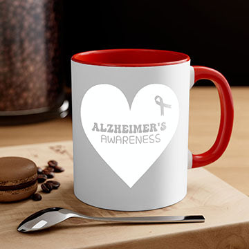 Alzheimer's awareness mug featuring a two-tone design with a colored handle and interior, available in multiple colors and sizes.