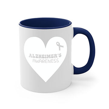 Alzheimer's awareness mug featuring a two-tone design with a colored handle and interior, available in multiple colors and sizes.