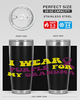 Alzheimer's Awareness Tumbler featuring a stylish design, double wall vacuum stainless steel construction, and a drink-thru lid.