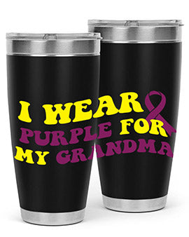 Alzheimer's Awareness Tumbler featuring a stylish design, double wall vacuum stainless steel construction, and a drink-thru lid.